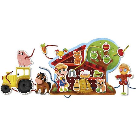 Brinquedo Pedagogico Madeira Alinhavo Fazendinha Feliz 31PC