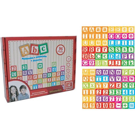 Brinquedo Pedagogico Madeira LETRAS/NUMEROS/SINAIS 96 Pecas