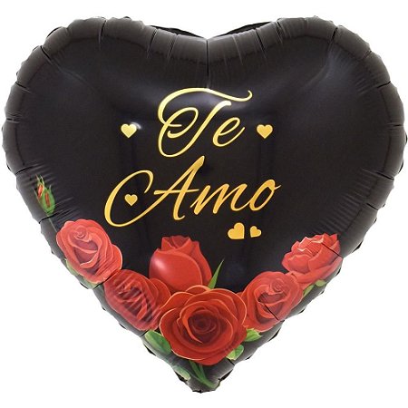 Balao Metalizado Decorado Coracao EST. TE AMO Rosas 45CM