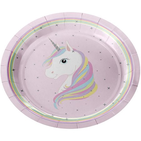 Prato Descartavel de Papel Unicornio Rosa