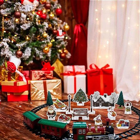 Trem PRA Arvore de Natal Que ANDA Musical com LED Decoração de Luxo com 3 Vagões Pista Circular Desmontável 75CM -