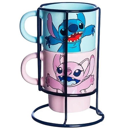 Jogo de Caneca Empalhável STITCH 180ML 2 Peças + Suporte em Cerâmica Zona Criativa