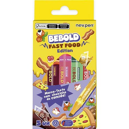 Caneta Marca Texto Bebold FAST Food C/5 Cheirinho Estojo