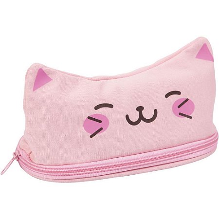 Estojo Simples Kawaii Gatinho Rosa Lona
