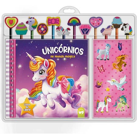 Livro de Colorir KIT Lapis+borracha Unicornios Unicornio