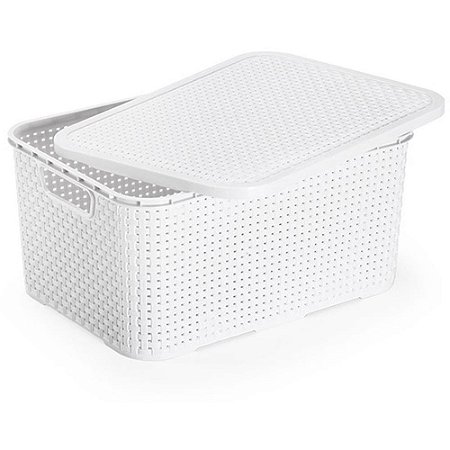 Caixa Plastica Multiuso Rattan C/TAMPA Branca 18L