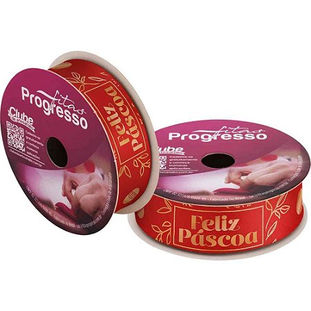 Fita de Cetim Decorada 22MM 10M. Feliz Pascoa Vermelh