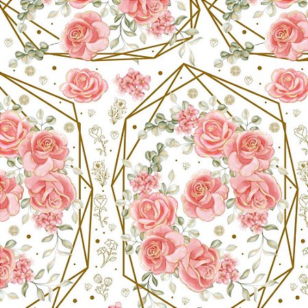 Papel Presente Bobina Couche 60CM. MOD.206 Rosas Ouro Hexag BO-100MTS