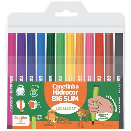 Caneta Hidrografica Jumbo Leo e Leo BIG SLIM 12 Cores Estojo