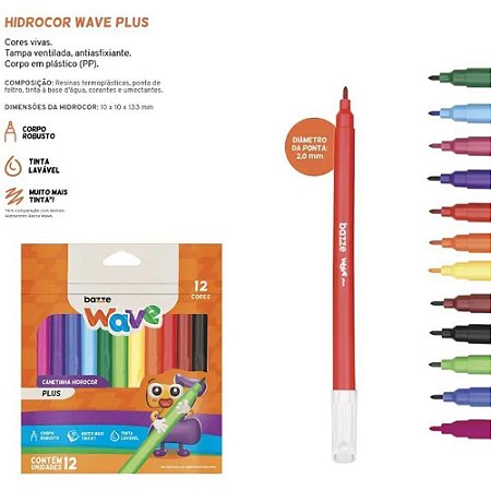 Caneta Hidrografica Bazze Wave PLUS 2,0MM 12 Cores CX.C/12