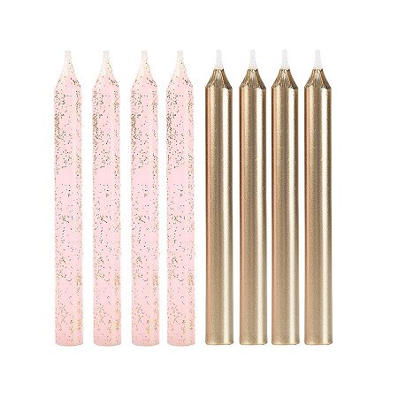 VELAS ROSA GLITTER E OURO (8 UNIDADES)