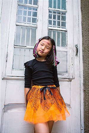 SAIA DE TULE LARANJA E PRETA