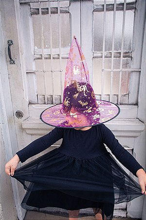CHAPÉU DE BRUXO/ BRUXA TULE PINK E DOURADO (UNIDADE)
