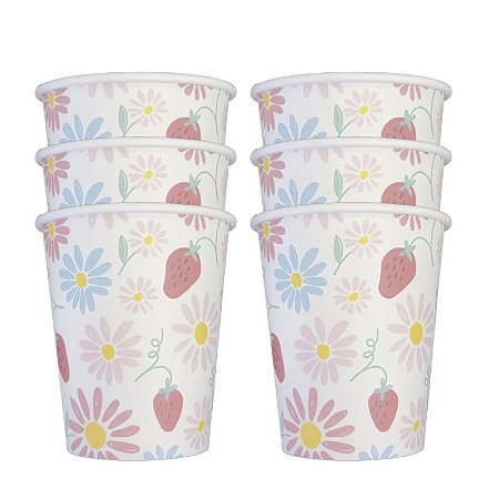 COPO DE PAPEL MARGARIDAS E MORANGOS (8 UNIDADES)