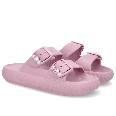 Slide Plataforma Poofy Rosa Eva Fivela Brilho - Usaflex