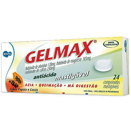 GELMAX ANTIÁCIDO MASTIGÁVEIS C/24 COMPRIMIDOS SB.PAPAIA E CASSIS