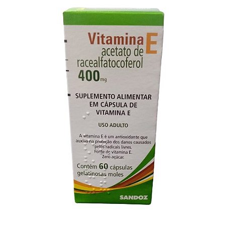 VITAMINA E 400MG SANDOZ SUPLEMENTO ALIMENTAR C/60 CÁPSULAS GEL MOLES