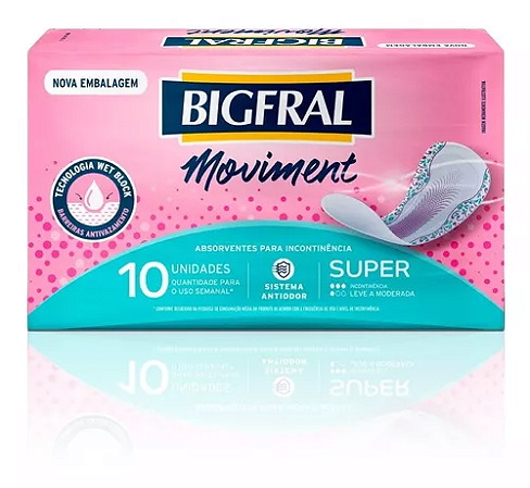 BIGFRAL MOVIMENT MAXI ABSORVENTES P/INCONTINÊNCIA C/10 UNIDADES