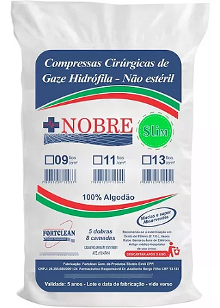 COMPRESSA CIRÚRGICA GAZE HIDRÓFILA NÃO ESTÉRIL NOBRE 13FIOS 240 GRAMAS