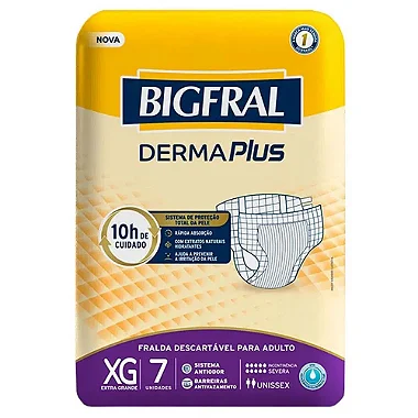 FRALDA GERIÁTRICA BIGFRAL DERMAPLUS TAMANHO XG C/7 UNIDADES KIT C/3 UNIDADES