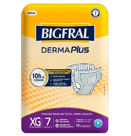 FRALDA GERIÁTRICA BIGFRAL DERMAPLUS TAMANHO XG C/7 UNIDADES KIT C/8 PACOTES+GRÁTIS BRINDE