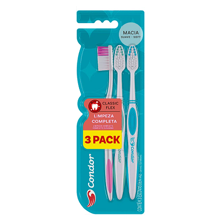 ESCOVA DENTAL CONDOR CLASSIC FLEX PACK C/3 ESCOVAS MACIA SUAVE - SOFTp
