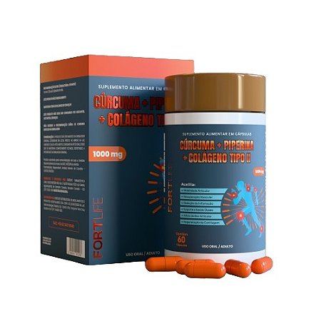 CÚRCUMA  + PIPERINA + COLÁGENO TIPO II 1000MG C/60 CÁPSULAS FORTLIFE EXCLUSIVO