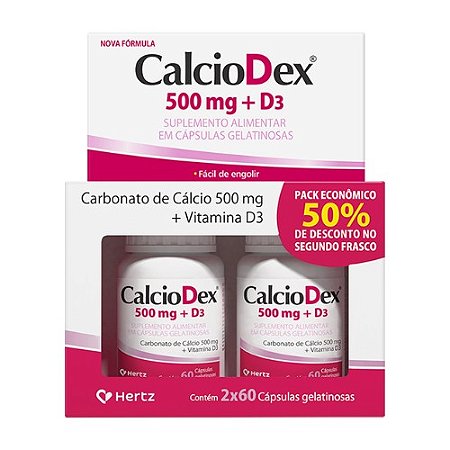 CALCIODEX 500MG D3 SUPLEMENTO ALIMENTAR KIT 2 X 60 CÁPSULAS GELATINOSAS