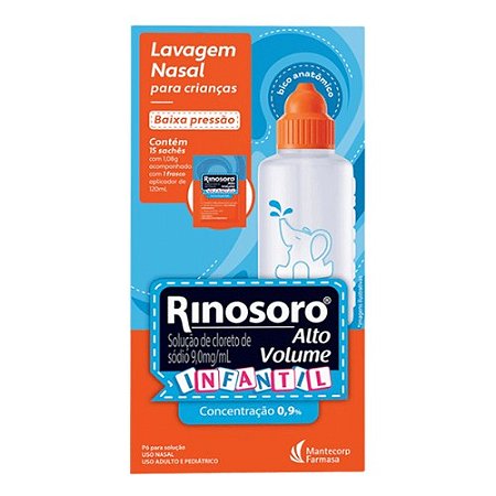 RINOSORO ALTO VOLUME INFANTIL LAVAGEM NASAL CLORETO SÓDIO 0,9% 120ML + 15 ENVELOPES