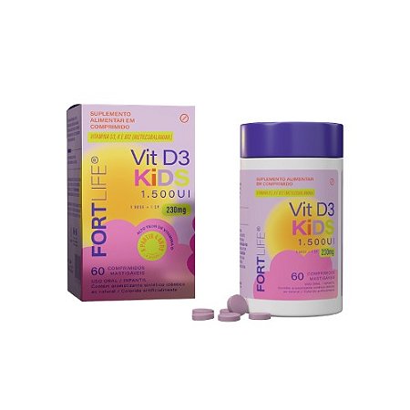 VITAMINA D3+K2+B12 KIDS 1500UI SUPLEMENTO ALIMENTAR FORTLIFE C/60 COMP.MASTIGÁVEIS SB.TANGERINA