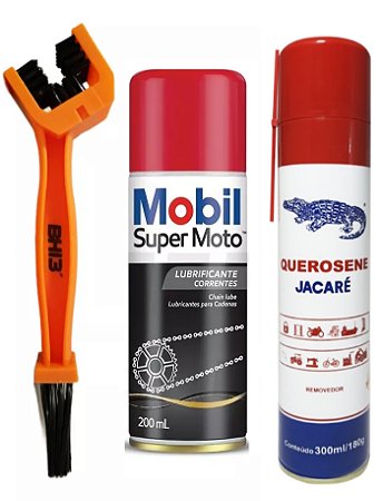 Kit Escova Limpeza Corrente + Querosene Jacaré Spray 300ml + Mobil Super Moto Chain Lube Lubrificante 200ml