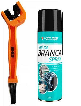 Kit Escova Limpeza Corrente Moto e Bicicleta + Koube Graxa Branca Spray Lítio 300ml