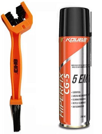Kit Escova Limpeza Corrente Moto e Bicicleta + Koube Hiper Fix CG-5 Spray graxa de alta aderência [200ML]
