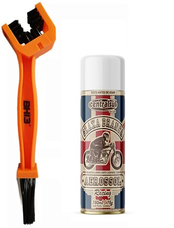 Kit Escova Limpeza Corrente Moto e Bicicleta + Centralsul Graxa Branca Aerossol Racing 150ml