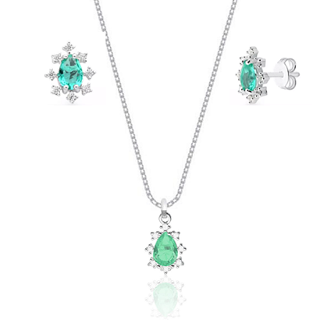 Conjunto de prata 925 Gota Zircônia Cravejada Turmalina
