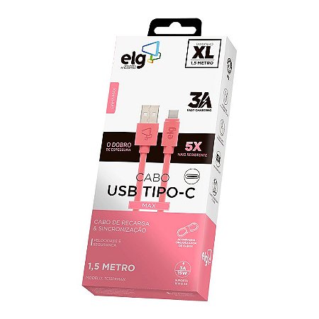 Cabo ELG USB TIPO-C 3A / 15W Carga rápida - Cabo 5X mais resistente - 1,5 metro - TC15PKMAX Rosa