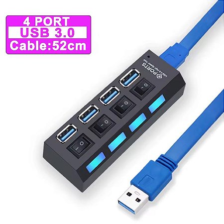 Hub USB 3.0 Expansor múltiplo com interruptor PA PC 4 Portas.