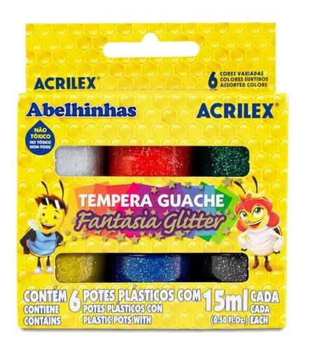 Tinta Guache Glitter Acrilex Tempera - 15ml - 6 Cores