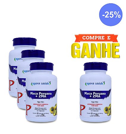 Maca Peruana Original com ZMA - 60 cápsulas - Compre 3 Frascos e Leve + 1 Frasco (Presente)