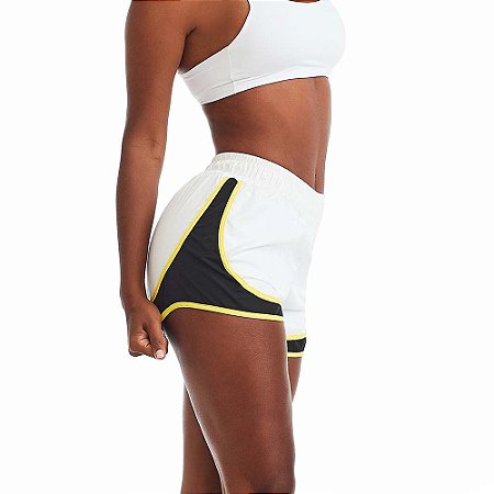 Shorts Feminino Fitness Way Branco com Amarelo CAJUBRASIL