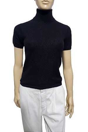 Top Cashmere Preto Manga Curta Gola Alta
