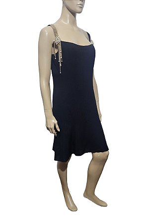 Vestido Seda Chanel Preto com Correntes