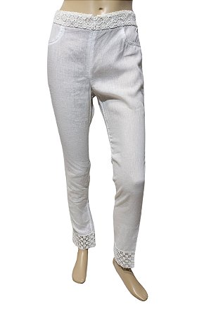 Chanel - Calça Linho Off White com Detalhe em Renda