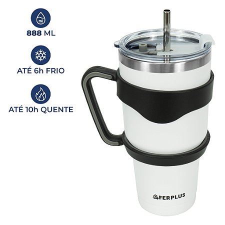 Copo Térmico 888 Ml Com Tampa, Alça, Canudo E Escova Branco
