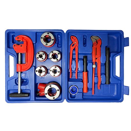 KIT TARRAXA MANUAL 13 PEÇAS COM MALETA ROSCA ROSCA BSP/BSPT ALICATE BOMBA E CORTADOR DE TUBOS