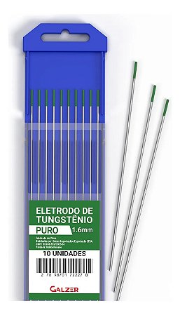 Kit 10 Eletrodo Tungstênio Puro Ponta Verde 1,6mm - Aluminio