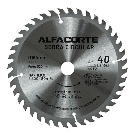 Disco Serra Circular 184mm 40 Dentes Para Madeira, MDF e Chapas