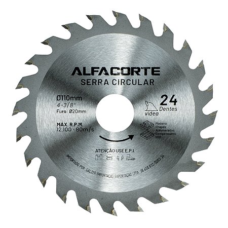 Disco Serra Circular 110 mm 24 Dentes Para Madeira, MDF e Chapas