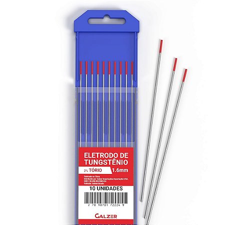 Kit 10 Eletrodo De Tungstênio 1.6mm 2% Tório Wt-20 - Ponta Vermelha
