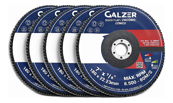 Kit 5 Disco Flap Zirconio 7 Polegadas 180mm Grão 100 Cônico Azul